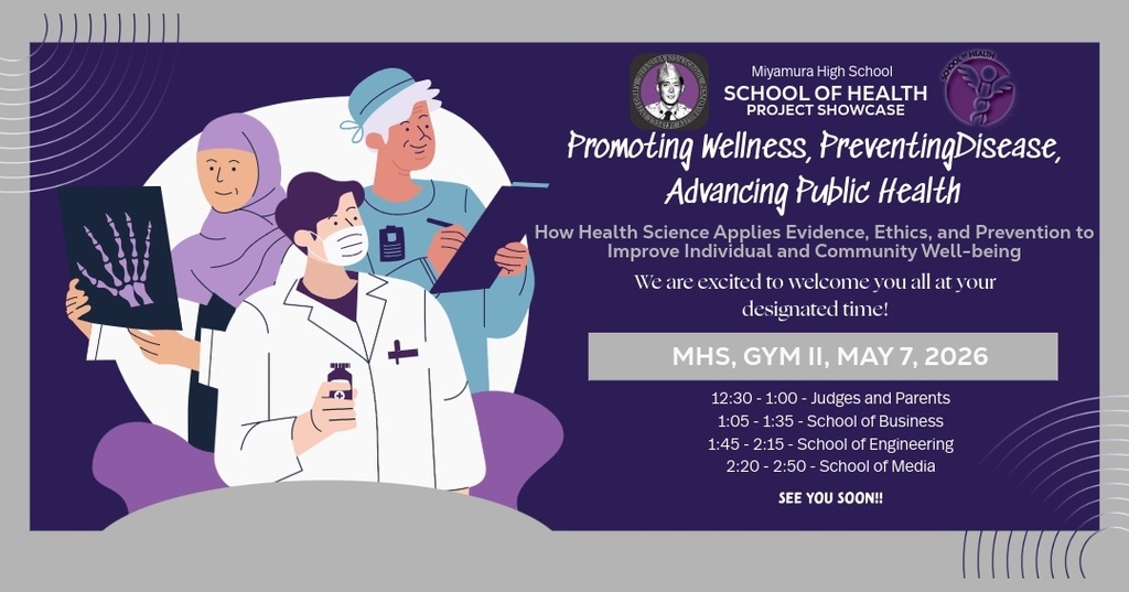 A purple-themed poster shows three individuals, one in a white lab coat, one in a hijab, and one wearing a mask.