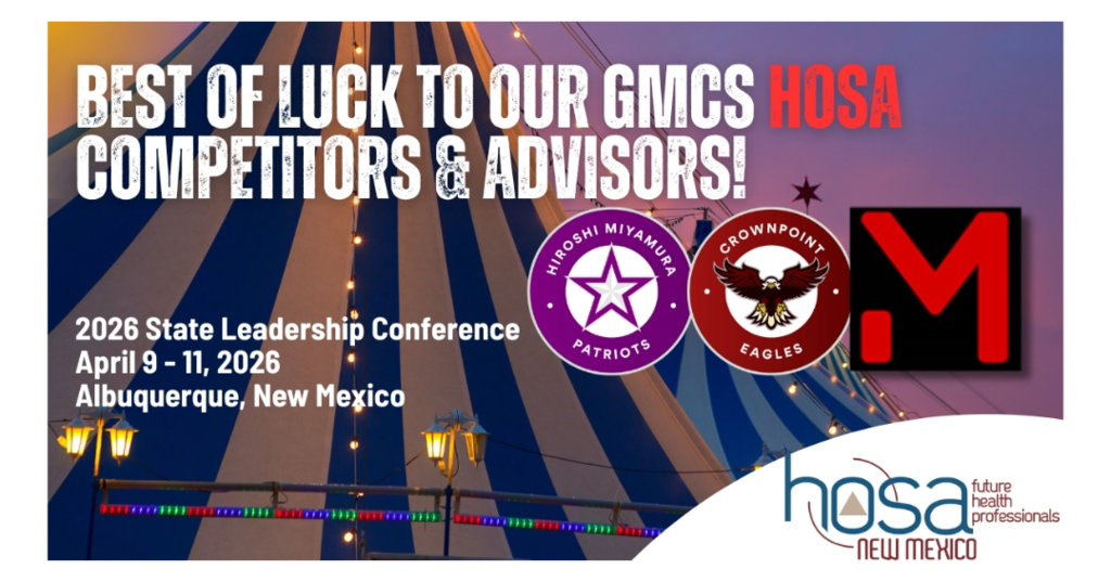 Advertisement for the 2026 State Leadership Conference, featuring a tent and logos with text including "Best of Luck to our GMCS Competitors & Advisors!"
