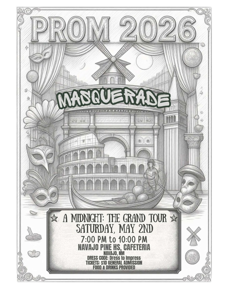 A poster with text and black-and-white illustrations. It reads "PROM 2026 MASKED BALL" and lists a date and time.