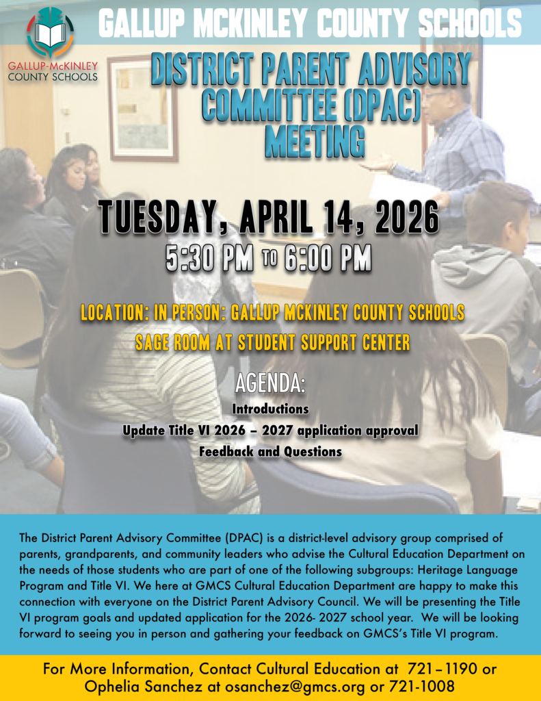 People seated in chairs during a meeting. A sign reads "Gallup McKinley County Schools District Parent Advisory Committee Meeting" and "Tuesday, April 14, 2026 5:30 to 6:00 PM."