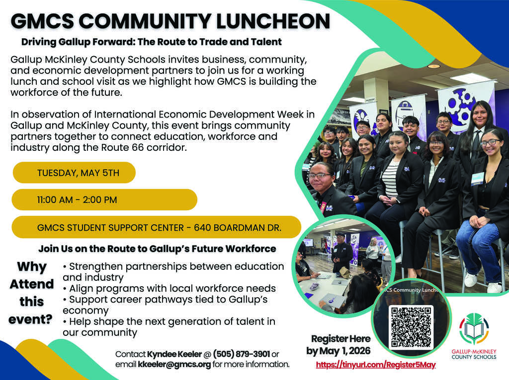 Poster with title "GMCS Community Luncheon" and bullet points. The poster includes a QR code, a logo, and an image of people seated.