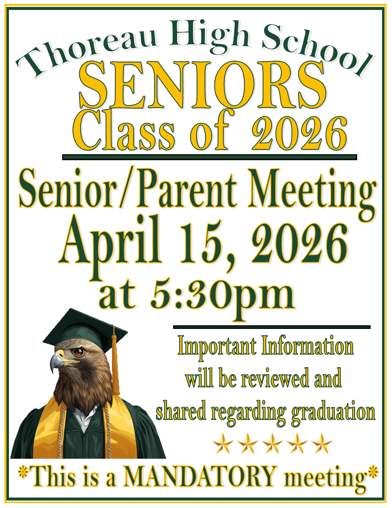 An announcement poster with a green and white border. A picture of an eagle in a graduation cap. Text: "Seniors Class of 2026" and details about a mandatory meeting.