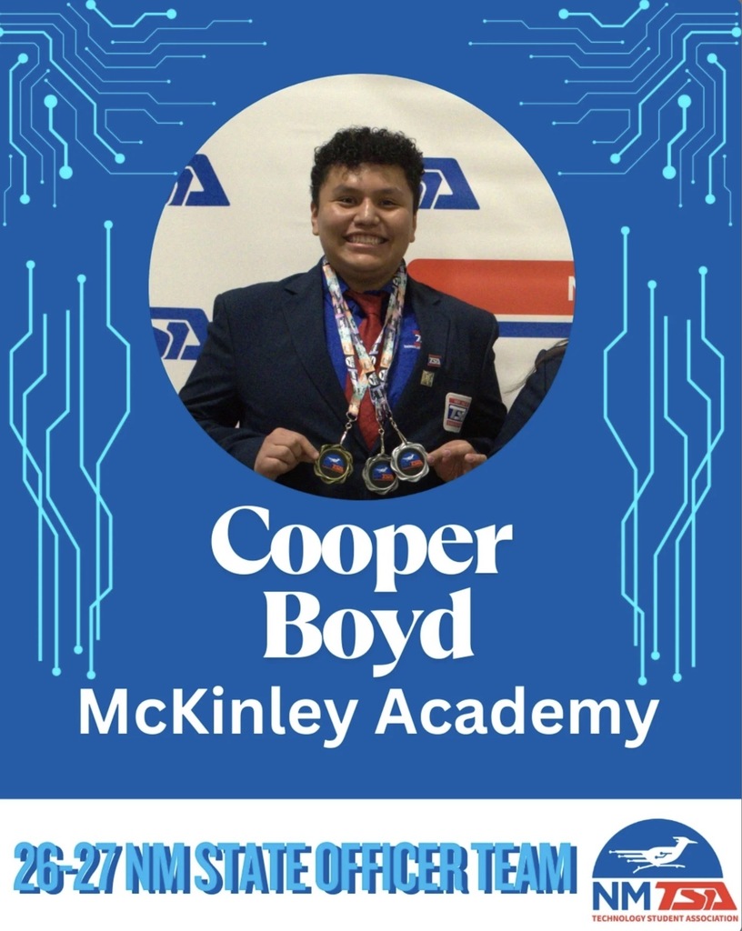 An individual stands with medals around their neck. Text reads "Cooper Boyd McKinley Academy 26-27 NM State Officer Team".