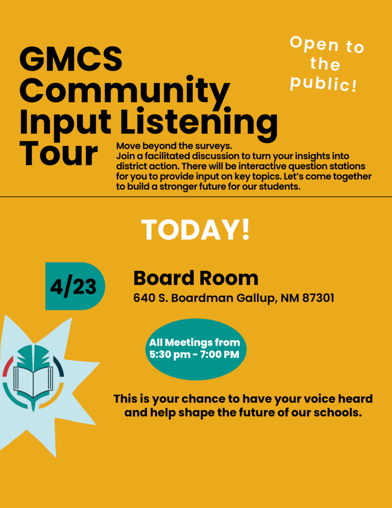An advertisement with text about GMCS Community Input Listening Tour, dates, location, and times, on a yellow background.