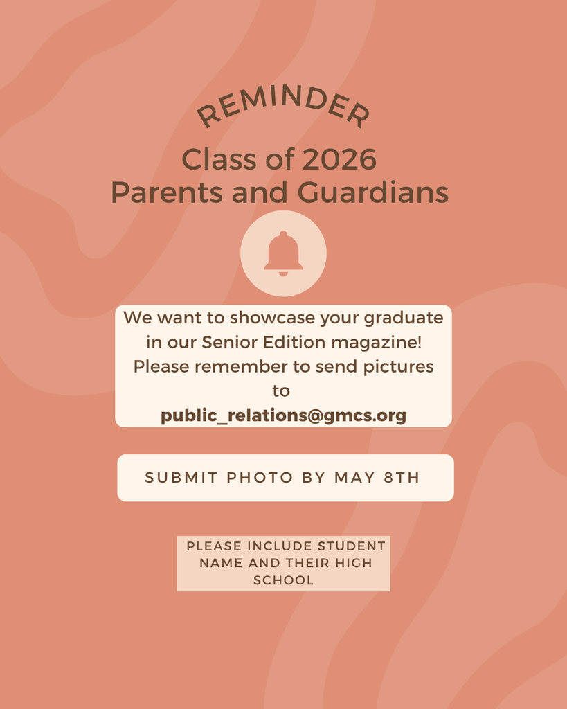 A pink background displays a reminder about the Class of 2026. A bell icon is centered. The text reads, "Submit photo by May 8th."