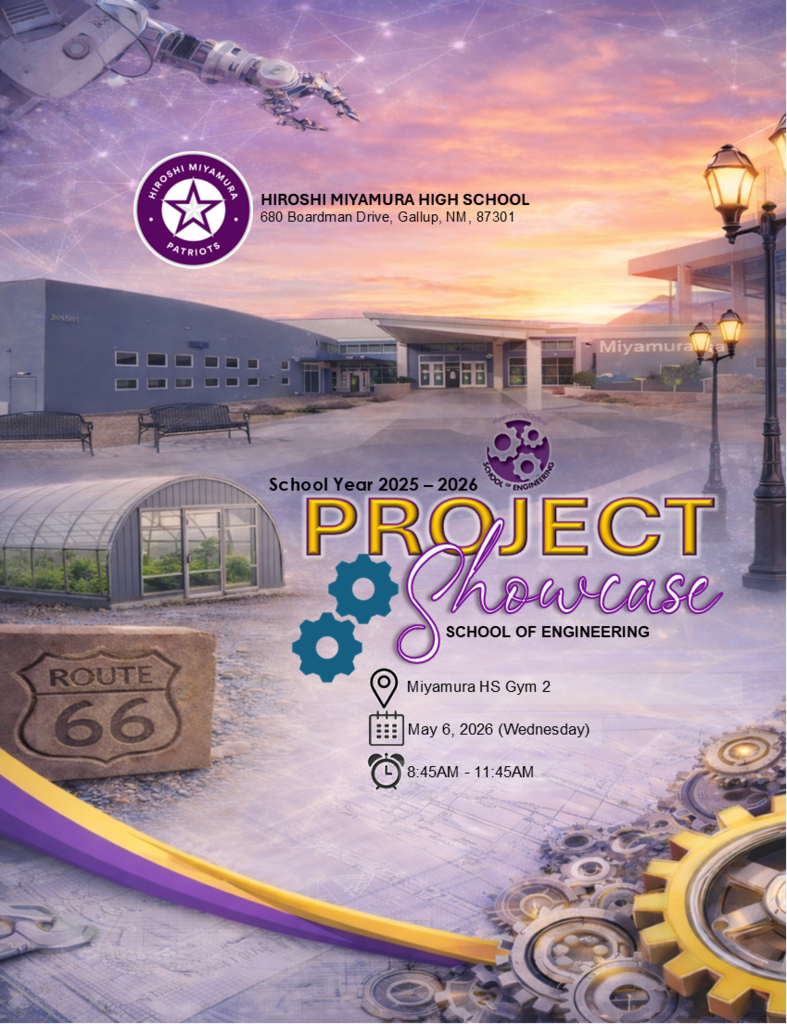 A flyer with a sunset, a school building, a bench, a lamp, and text about a Project Showcase School of Engineering.