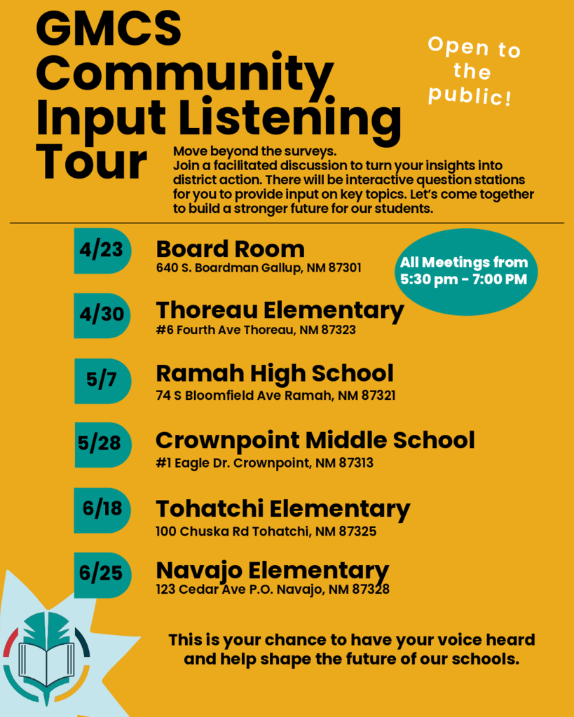 A poster with orange text on a yellow background lists dates and locations for GMCS Community Input Listening Tour meetings.