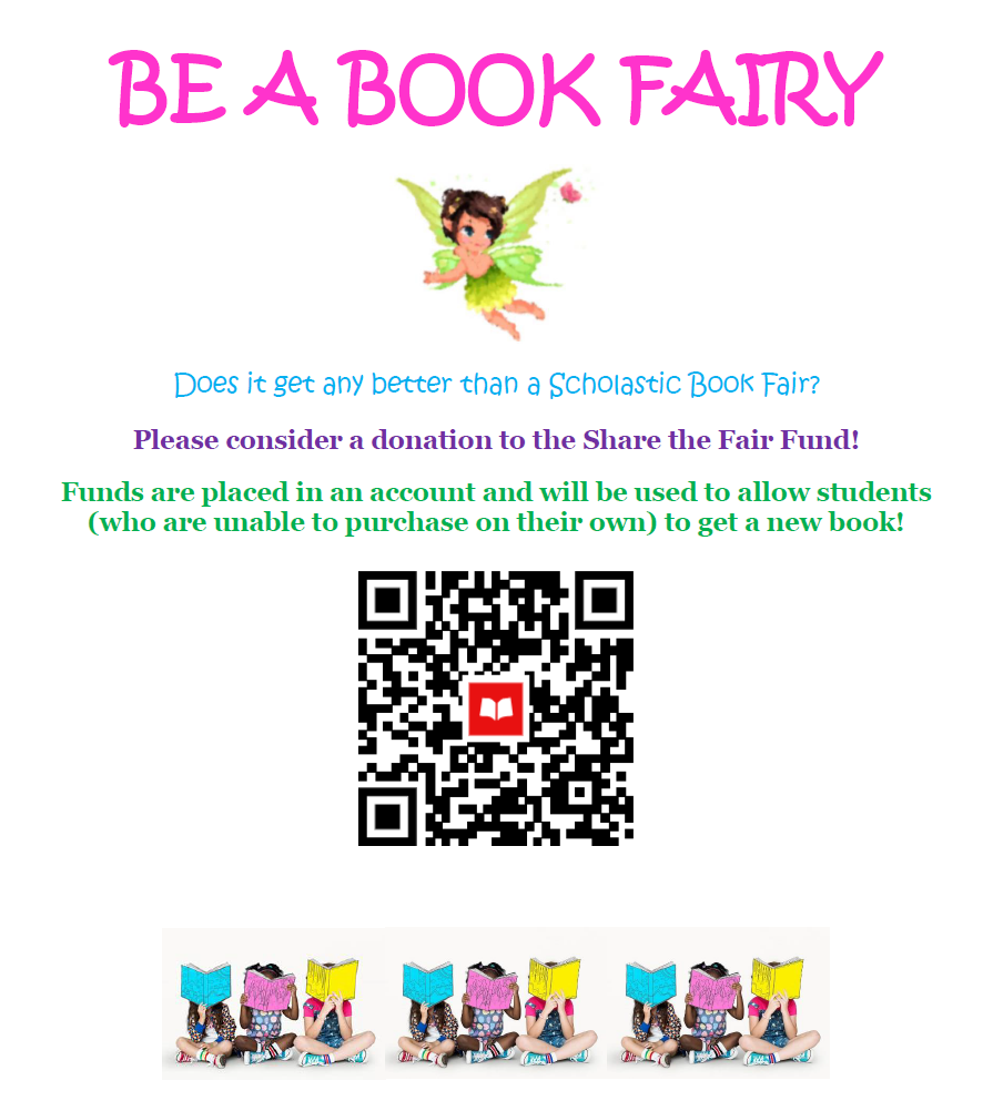 Poster with "Be a Book Fairy" text and a fairy illustration.