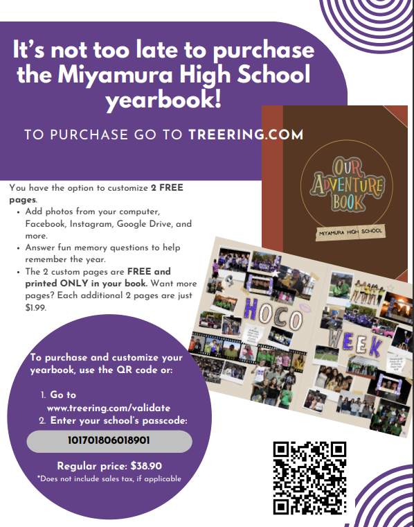 A flyer with a purple background advertises a Miyamura High School yearbook. It features a QR code, a collage of photos, and a price of $34.90.