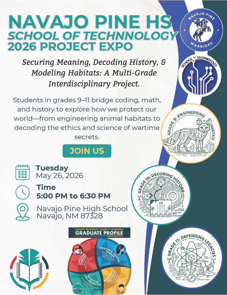 Event poster for Navajo Pine High School's 2026 Project Expo. Details include date, time, location, and an interdisciplinary project description.