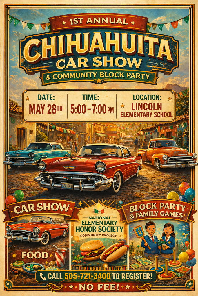 Event poster for the 1st Annual Chihuahua Car Show & Community Block Party. Features classic cars, food stalls, and a block party.