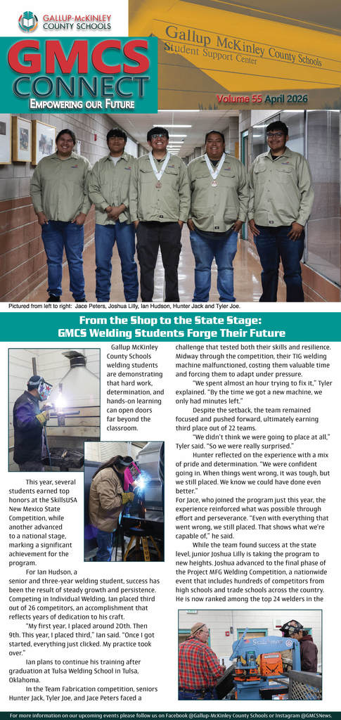 A magazine spread featuring GMCS welding students standing in a row. Background includes text and images of welding and competition details.