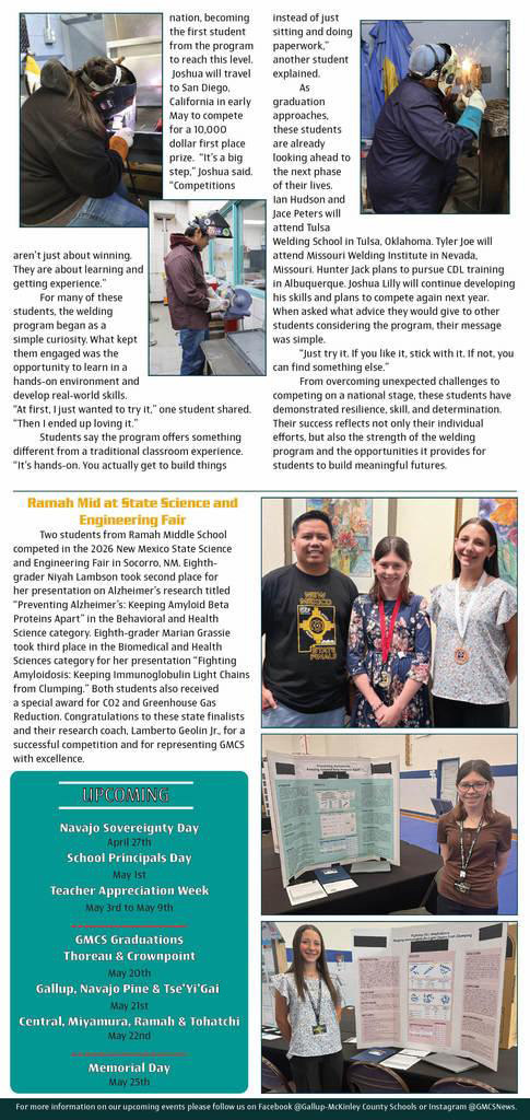 A magazine page features photos of students participating in science and technology events, including welding, scientific research, and competition.