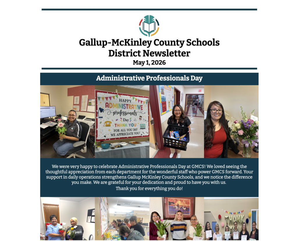 A newsletter shows a collage of smiling administrators with flowers, celebrating Administrative Professionals Day.
