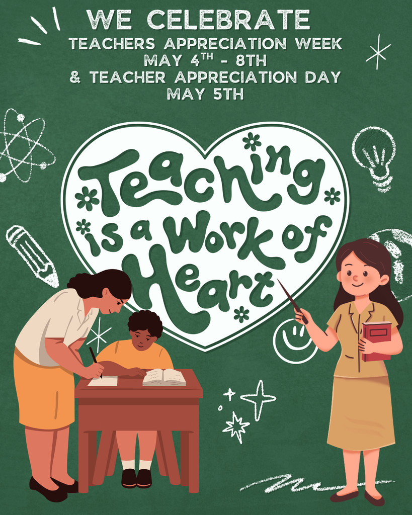 Poster with an illustration of a teacher helping a student at a desk. Text reads: "Teaching is a Work of Heart".