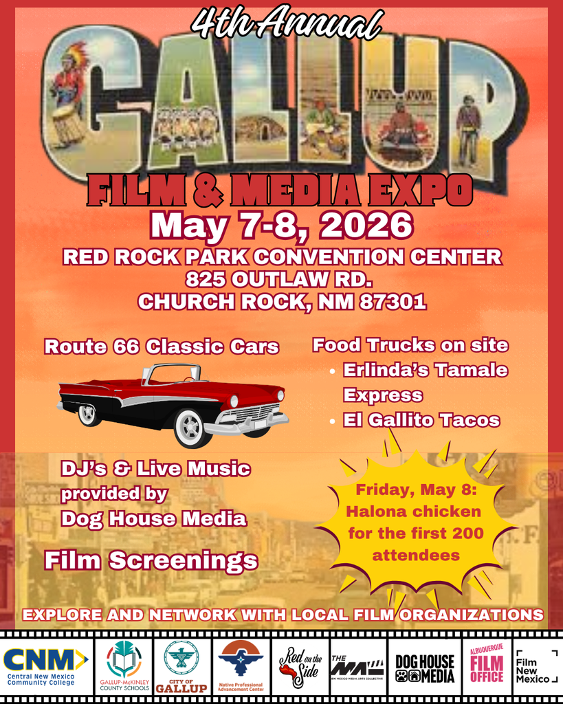 Red background with bold text. "4th Annual Gallup Film & Media Expo" at the top. Dates: May 7-8, 2026. Features: Food trucks, classic cars, DJs, music, and film screenings.