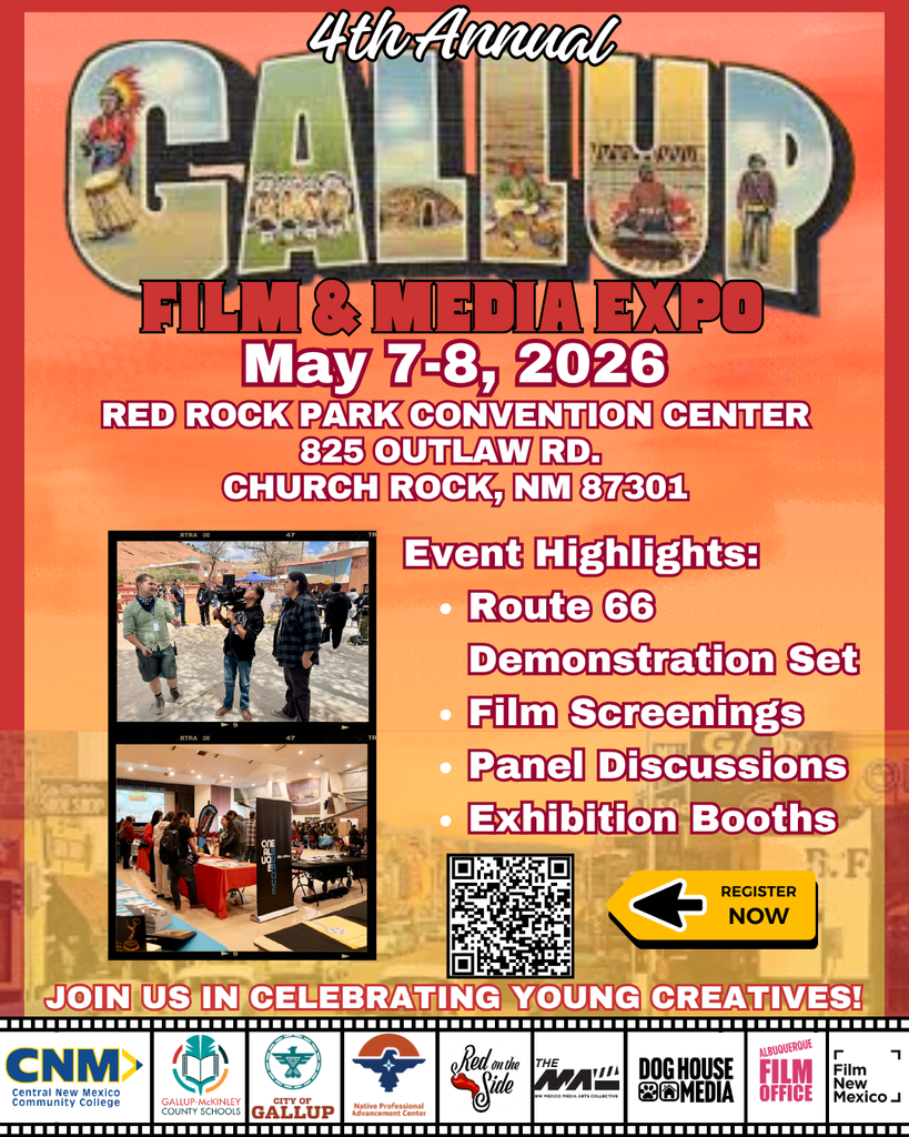 A poster announces the 4th Annual Gallup Film & Media Expo, May 7-8, 2026, at Red Rock Park Convention Center.
