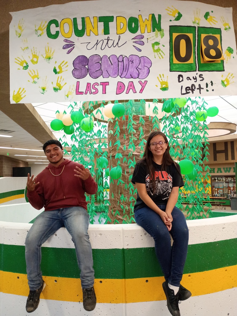 A man and woman pose in front of a banner that reads Countdown until Senior Last Day.