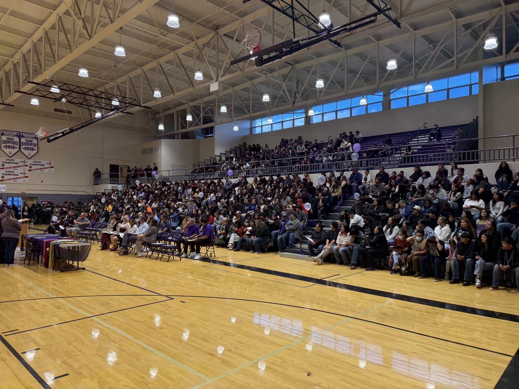 A basketball court with a large crowd of people seated on the bleachers, watching an event. The court has wooden flooring and lights on the ceiling.