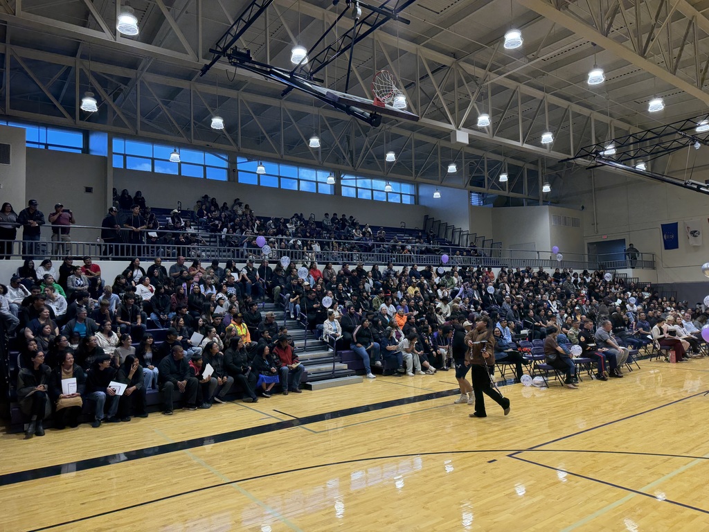 Large group of people sit in stands of an indoor basketball court with a basketball hoop in the background.