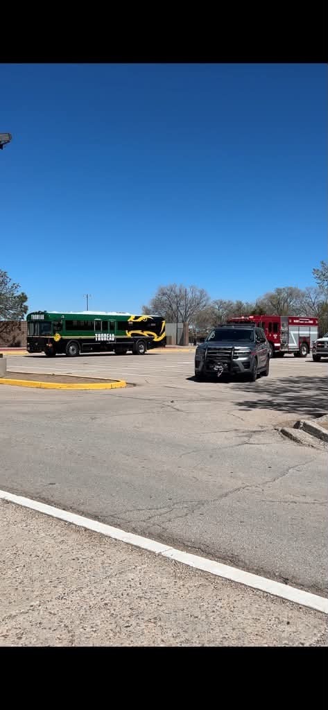 A parking lot with a green and black bus, a red and white fire truck, and a dark car.