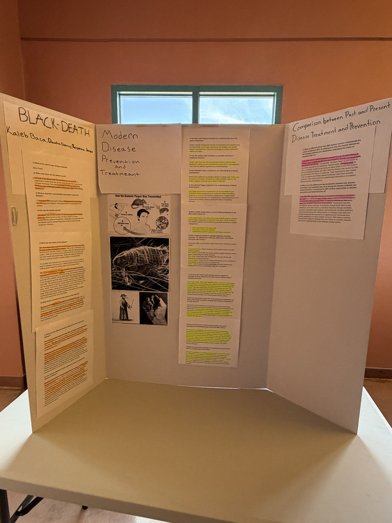 An open display board with printed text and images on a table. Text includes "Black Death" and "Modern Disease."