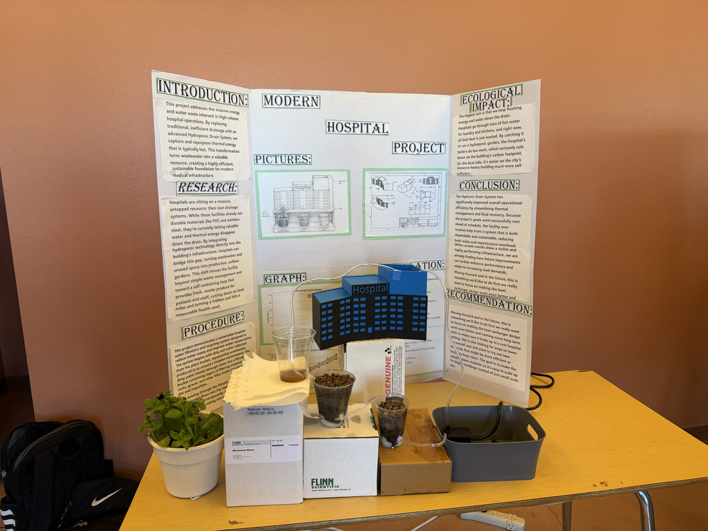 Display board with sections titled "Introduction," "Modern Hospital Project," and "Conclusion." A small potted plant is present.