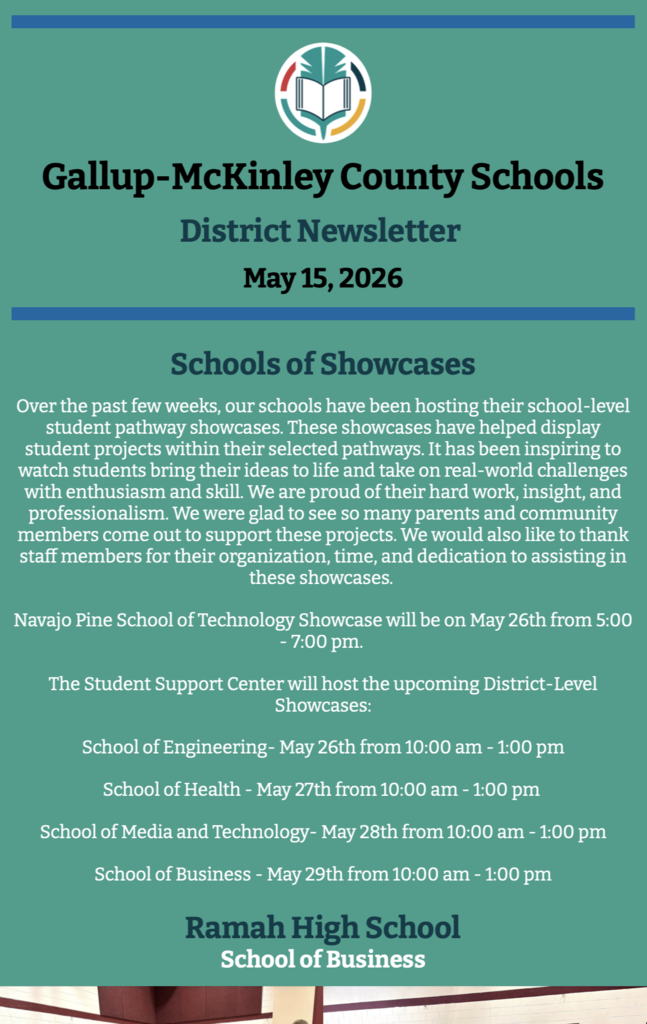 A newsletter from Gallup-McKinley County Schools features a title, date, and information about school showcases. Schools are listed with dates and times.