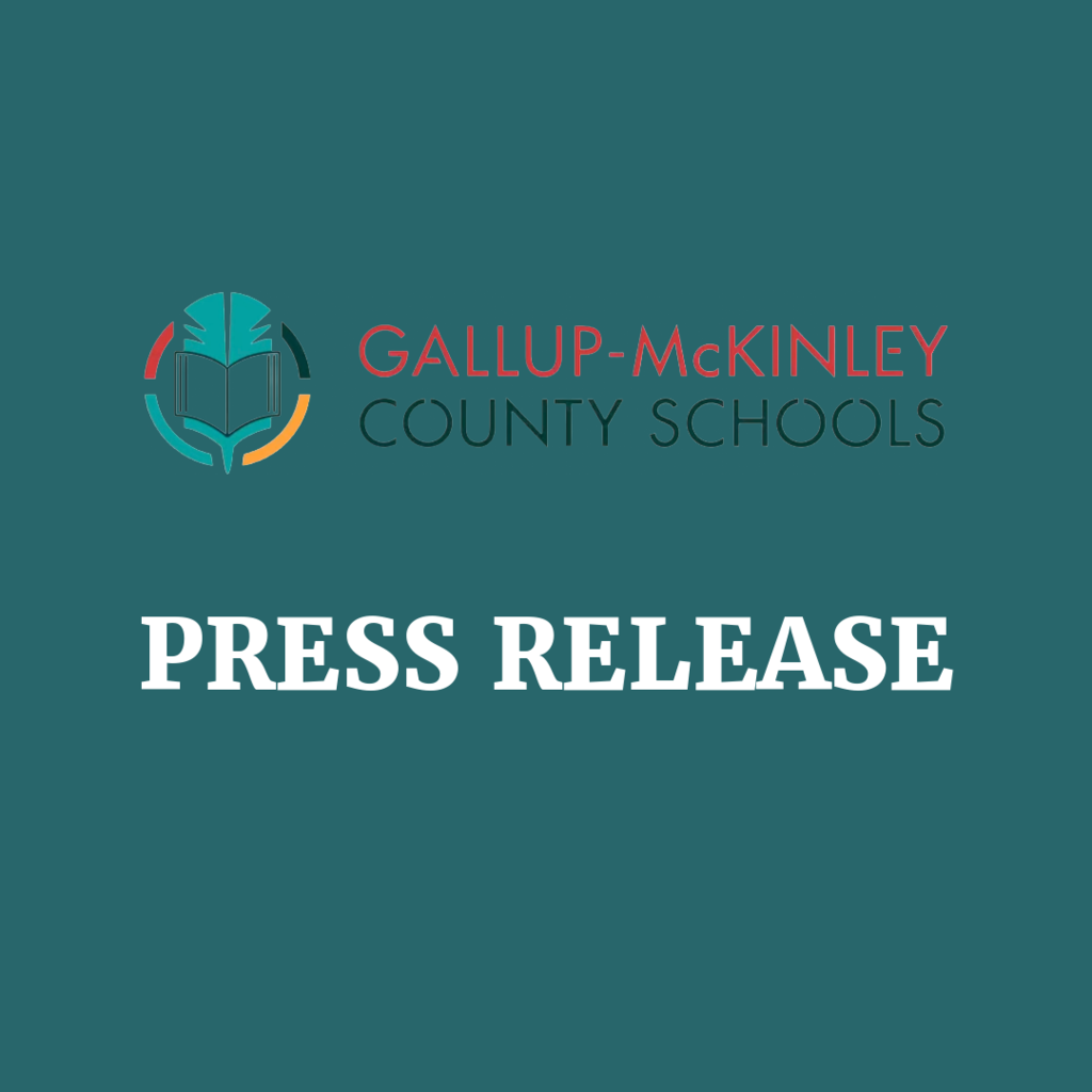 A green background displays a logo featuring a stylized book and "GALLUP-McKINLEY COUNTY SCHOOLS" above "PRESS RELEASE" in white.