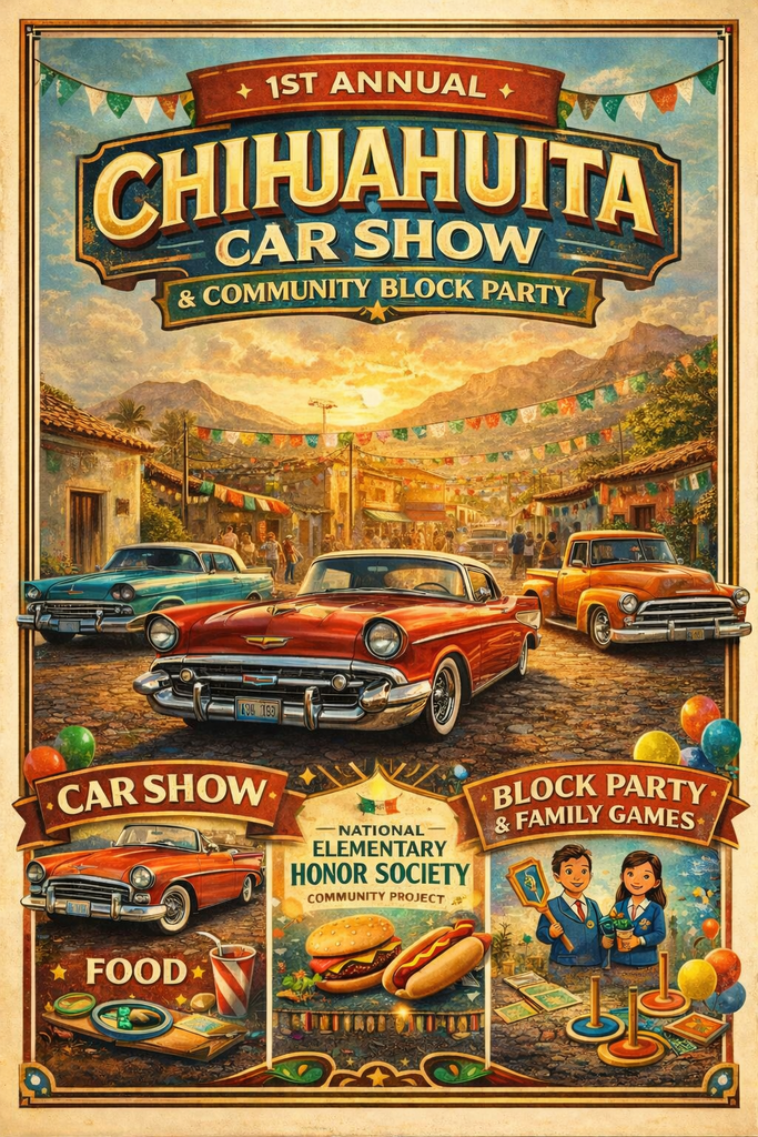 An old-fashioned poster advertises the Chihuahua Car Show and Community Block Party. Cars are parked, and people are walking. Food, games, and a block party are featured.