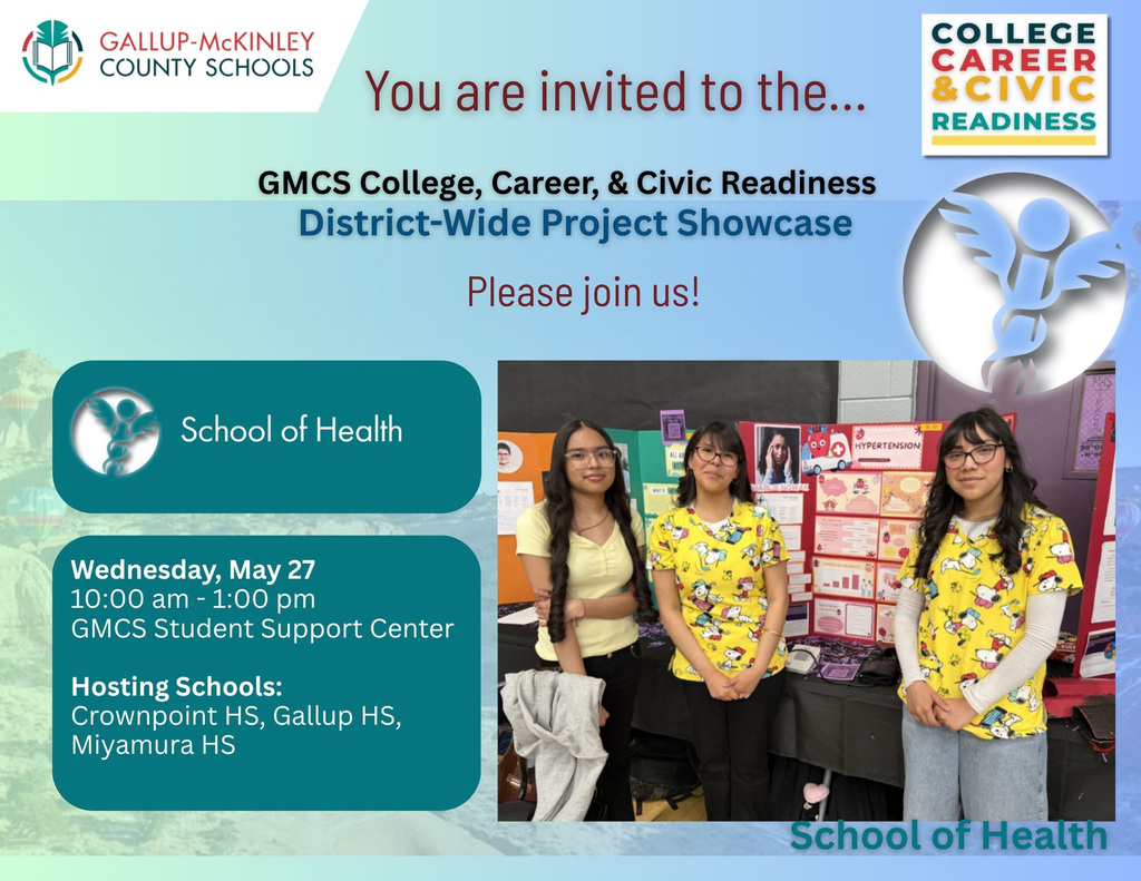 A poster invites to a GMCS event with three students in yellow shirts and a school logo.
