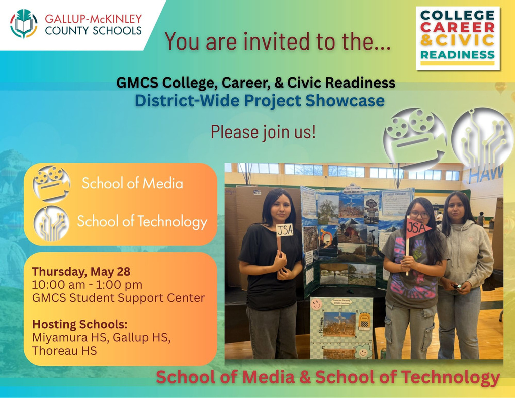 An invitation for GMCS College, Career, & Civic Readiness District-Wide Project Showcase. Three students hold signs.