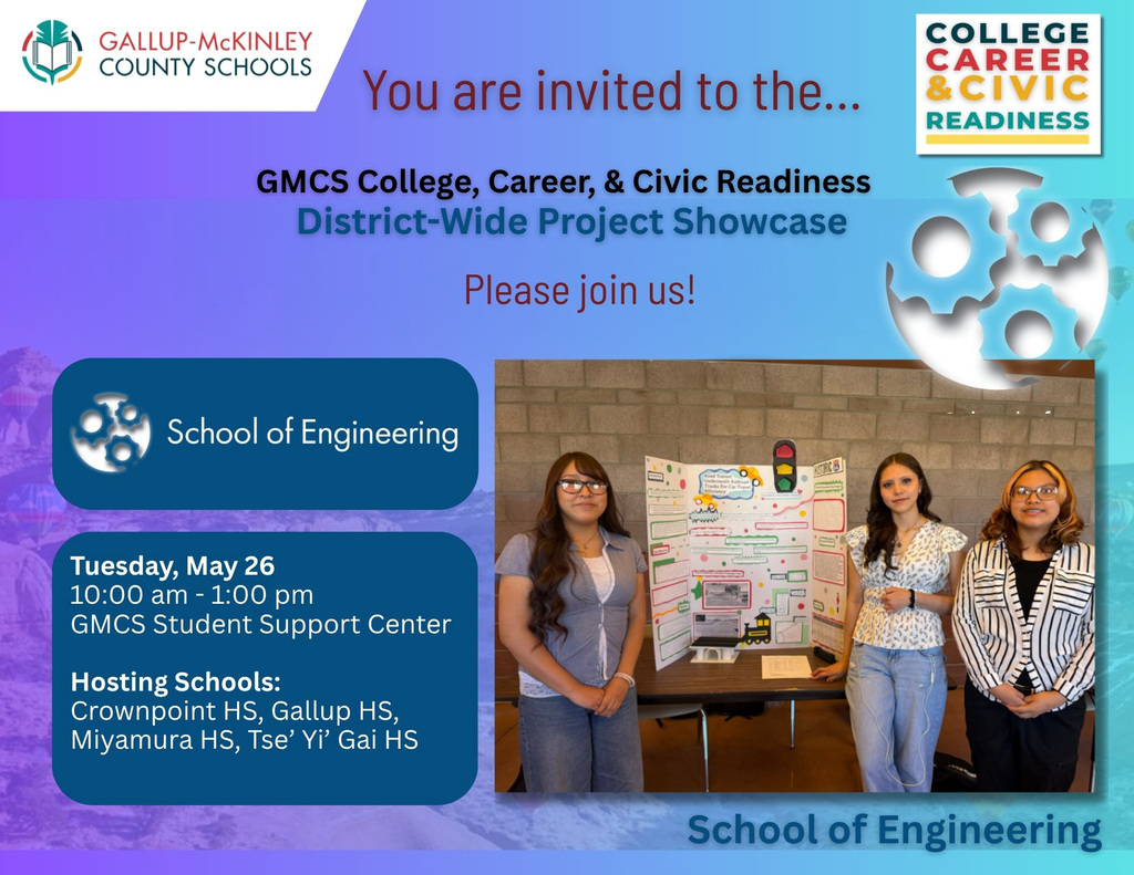 An invitation to the GMCS College, Career, & Civic Readiness Project Showcase with four women standing by a poster.