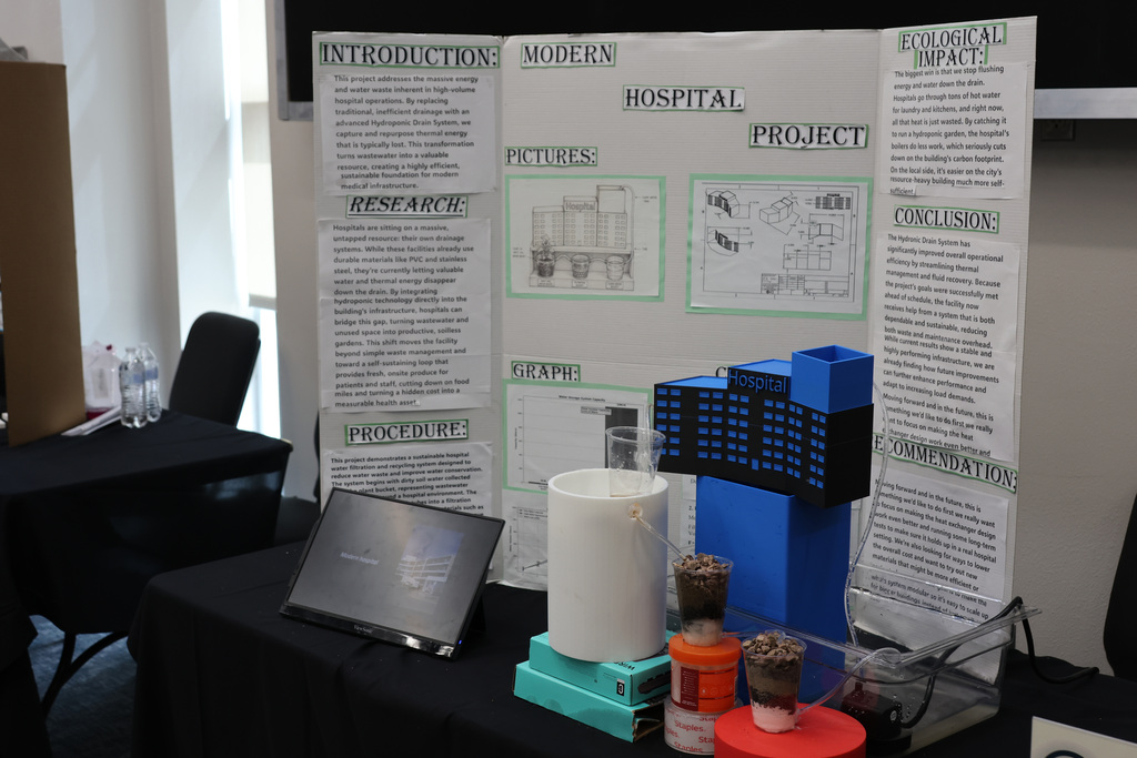 A table displays a laptop, cylindrical objects, a blue box, and a poster with sections titled "Introduction," "Modern," and "Conclusion."