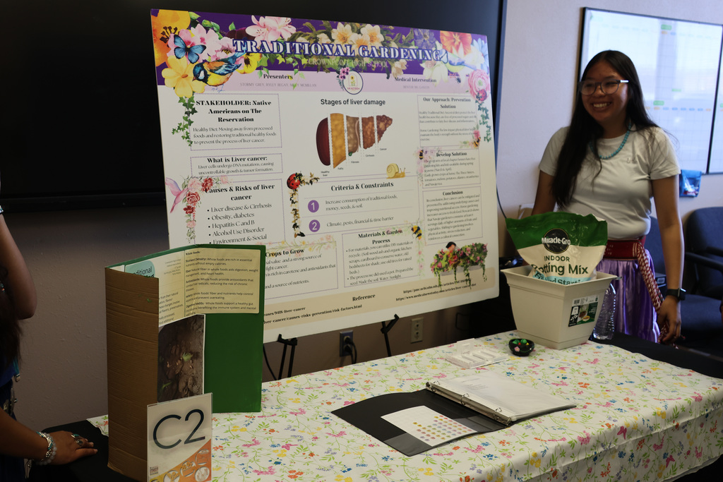 A woman stands behind a table with a poster and a basket. A book is on the table.