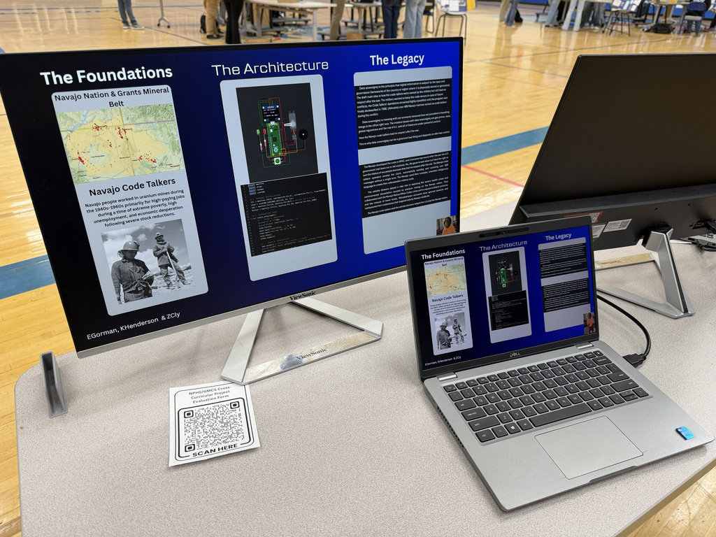 Two screens displaying architectural concepts on a table. A laptop is open. A map and text are on the larger screen.