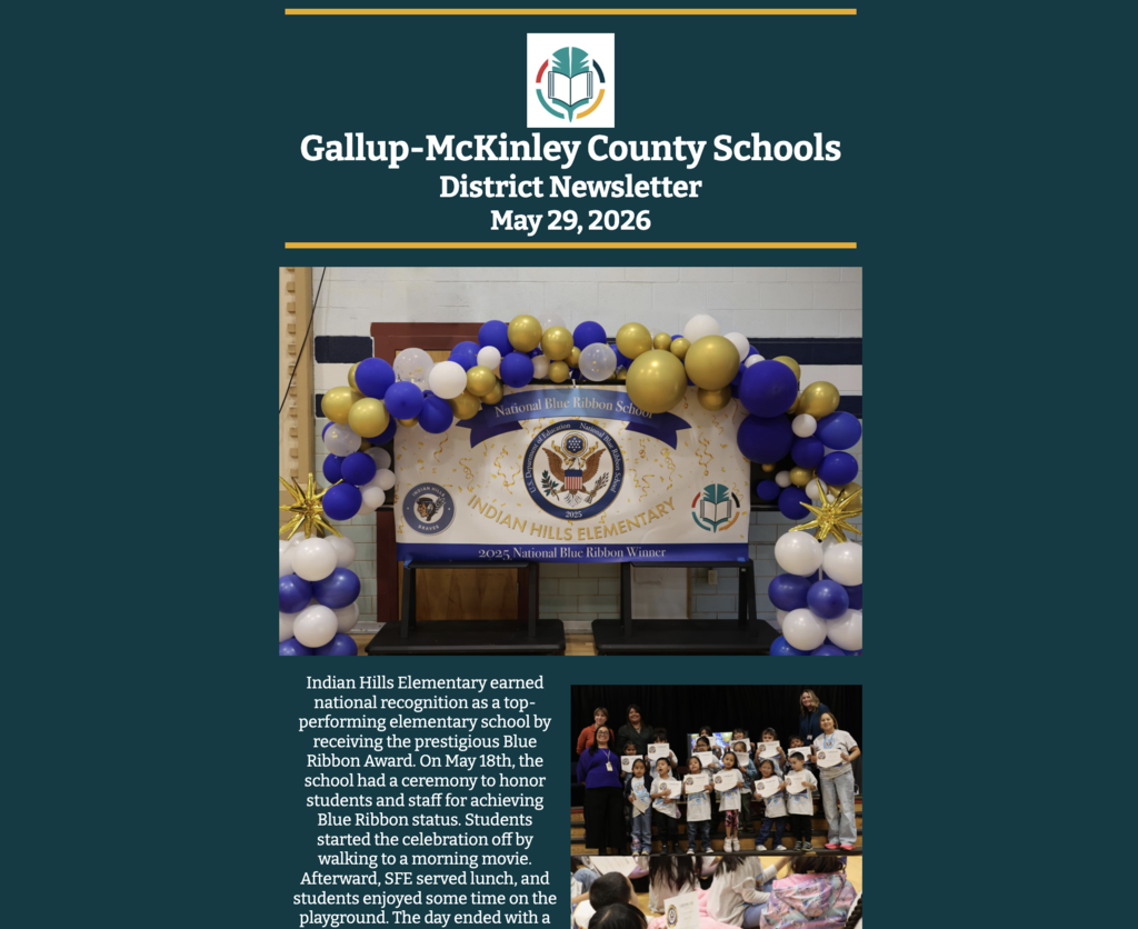 Text reads Gallup-McKinley County Schools District Newsletter May 29, 2026. Below is an image of balloons and a banner.