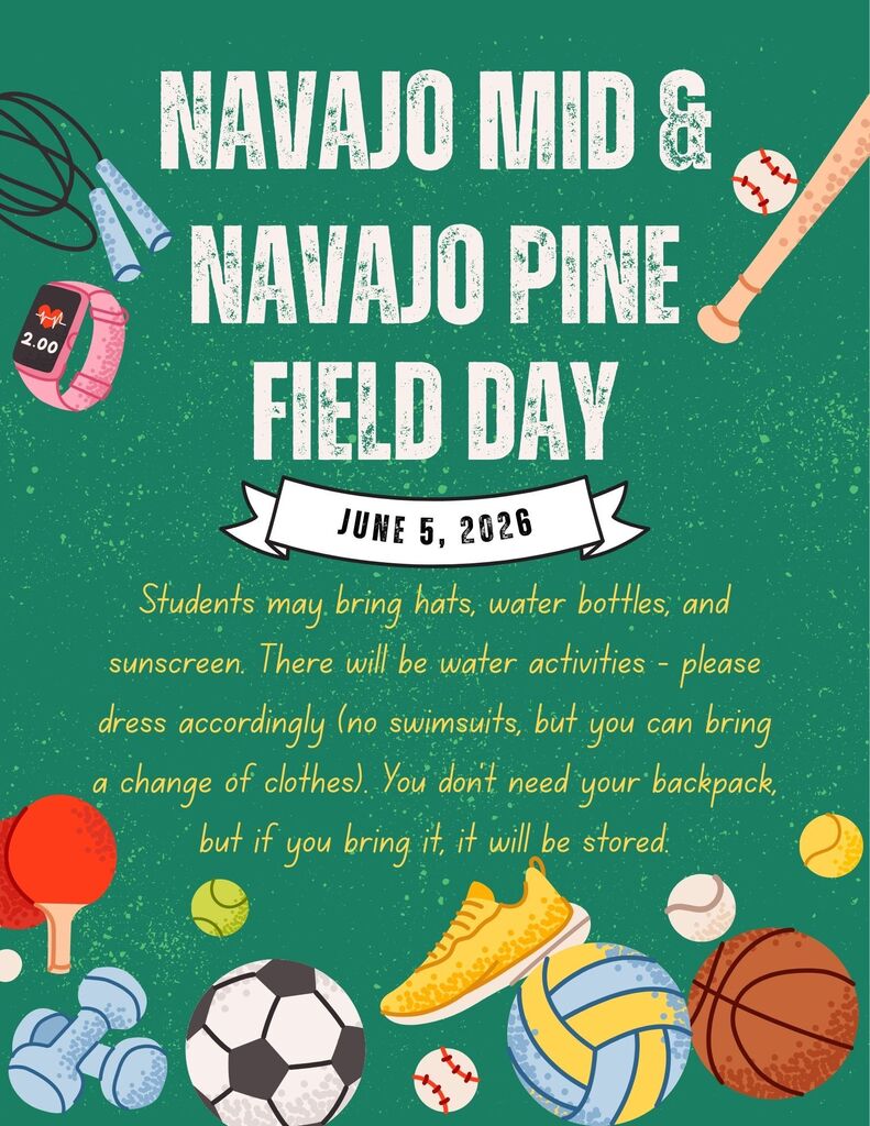 Thr flyer has a lot sports equipment on it advertising our Field Day at NVM and NPHS on June 5, 2026.