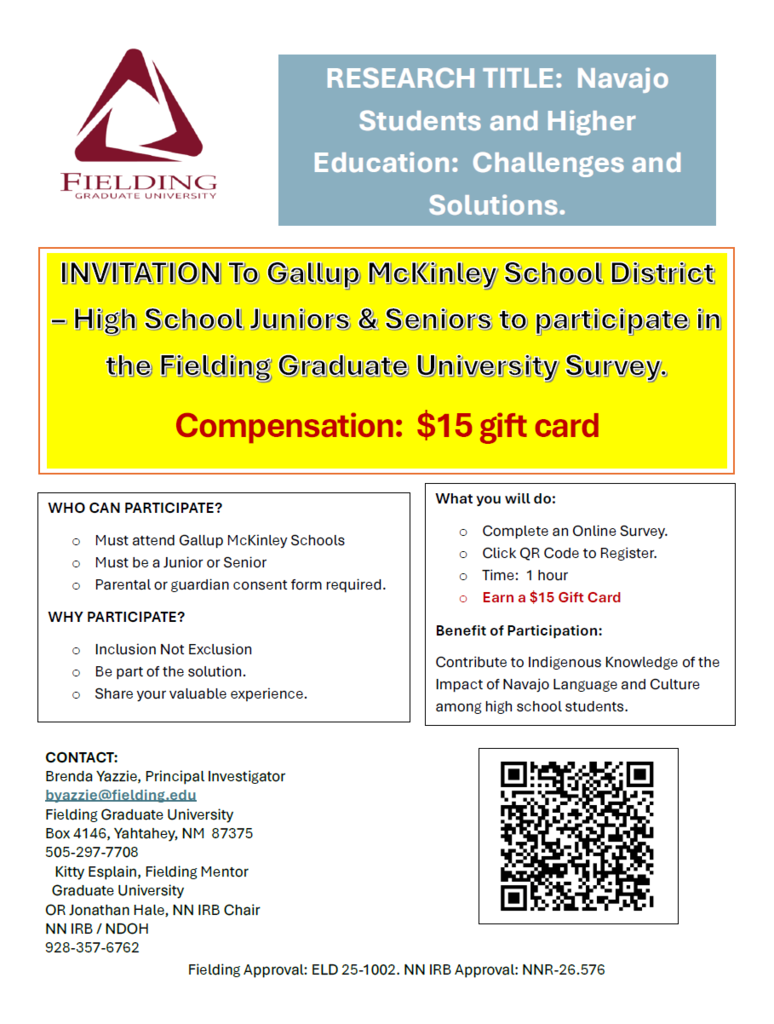 Invitation to Gallup McKinley School District high school juniors and seniors to participate in a survey. Compensation is a $15 gift card. QR code for contact.