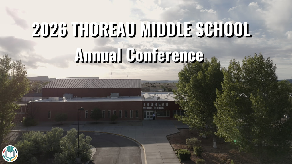 Aerial view of Thoreau Middle School building with trees and a cloudy sky. "2026 THOREAU MIDDLE SCHOOL Annual Conference" text overlay.