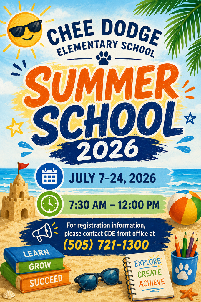 Summer school event flyer for Chee Dodge Elementary School in 2026. Dates: July 7-24, 2026, 7:30 AM - 12 PM. Beach scene with sandcastle, ball, books, and sunglasses.