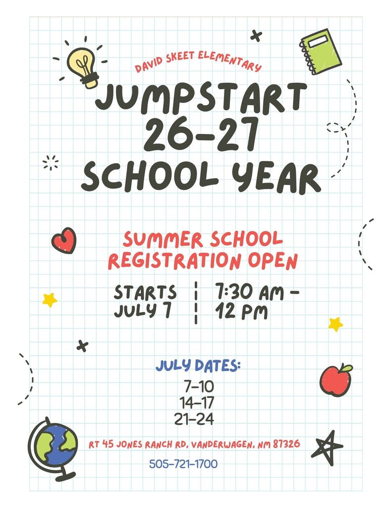 Graphic invitation for Jumpstart 26-27 school year summer school. Includes dates, times, and location. Features icons.