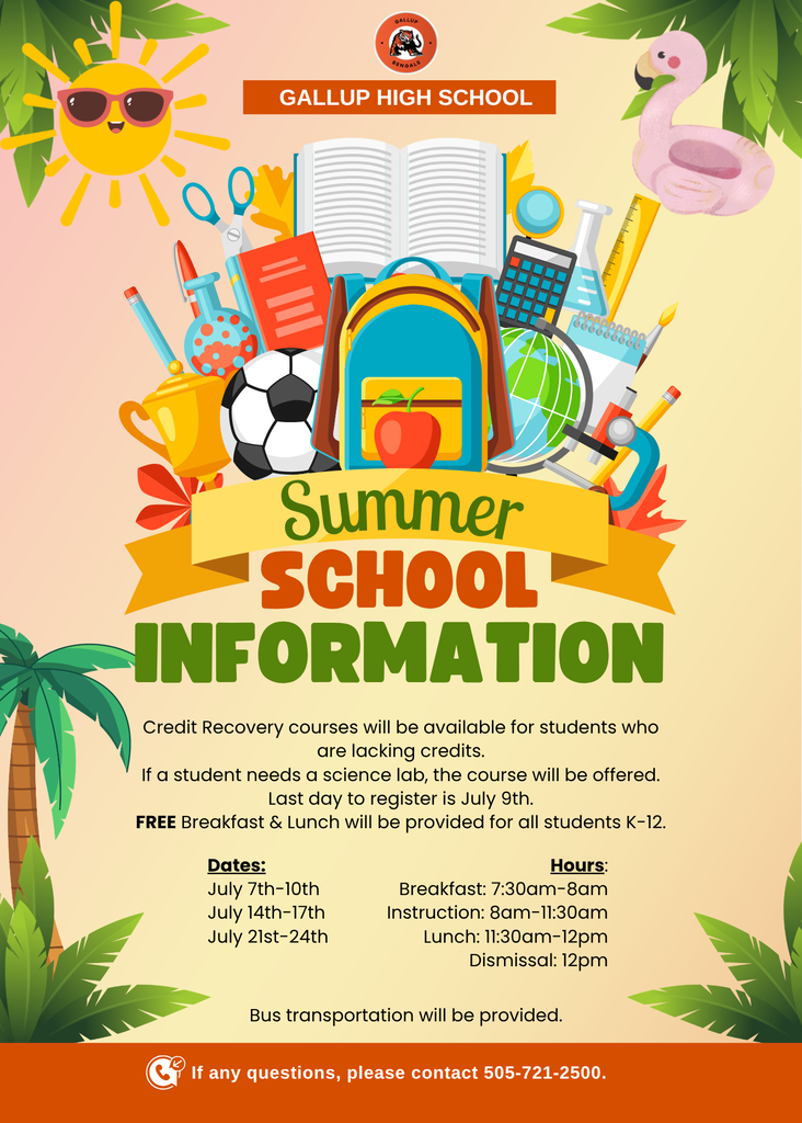 Summer school information for students. Includes dates, hours, breakfast, lunch, and bus transportation. Features icons of a sun, backpack, and school supplies.