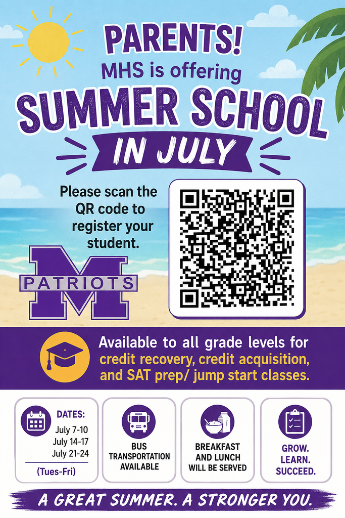 A flyer for summer school at MHS with a sunny beach background. It highlights QR code registration, dates, and available classes.