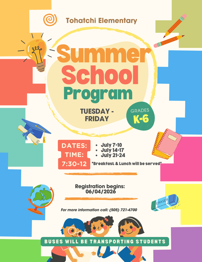Colorful design with the title "Summer School Program". It shows children holding hands, a globe, and school items. Dates are July 7-10 and 14-17, 21-24.