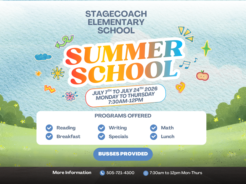 Poster for Stagecoach Elementary School summer school with a green field, blue sky, and trees.