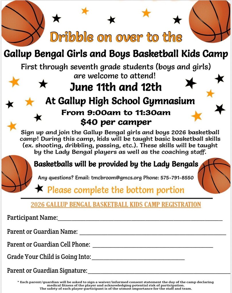 A poster for a kids basketball camp. The title is "Dribble on over to the Gallup Bengal Girls and Boys Basketball Kids Camp."