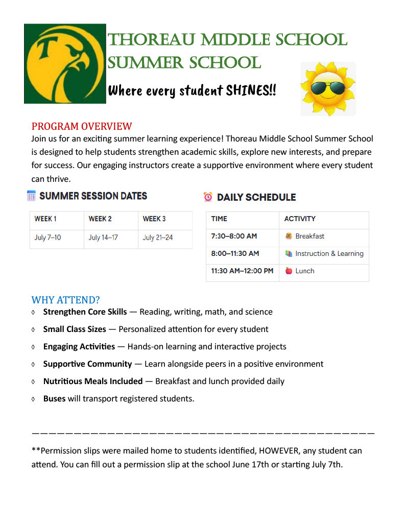 A flyer from Thoreau Middle School Summer School highlights dates, times, and activities, along with a sun and green logo.