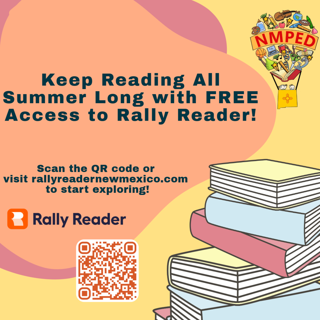 A bright banner shows books stacked, QR code, and text promoting free summer reading with Rally Reader.