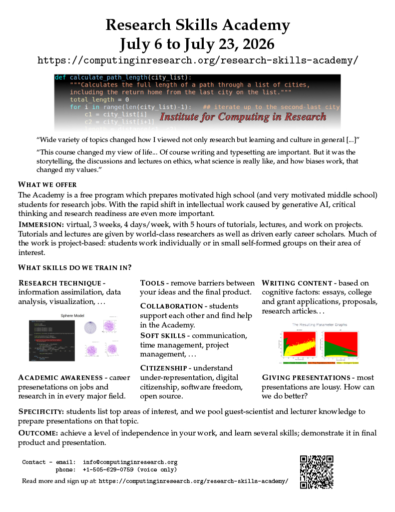 Document titled "Research Skills Academy" with a date range of July 6 to July 23, 2026. Text and images include what the academy offers, research skills, tools, collaboration, and presentations.